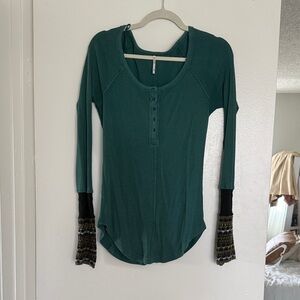Long-Sleeve Thermal Henley Top in Teal with Knit Cuffs